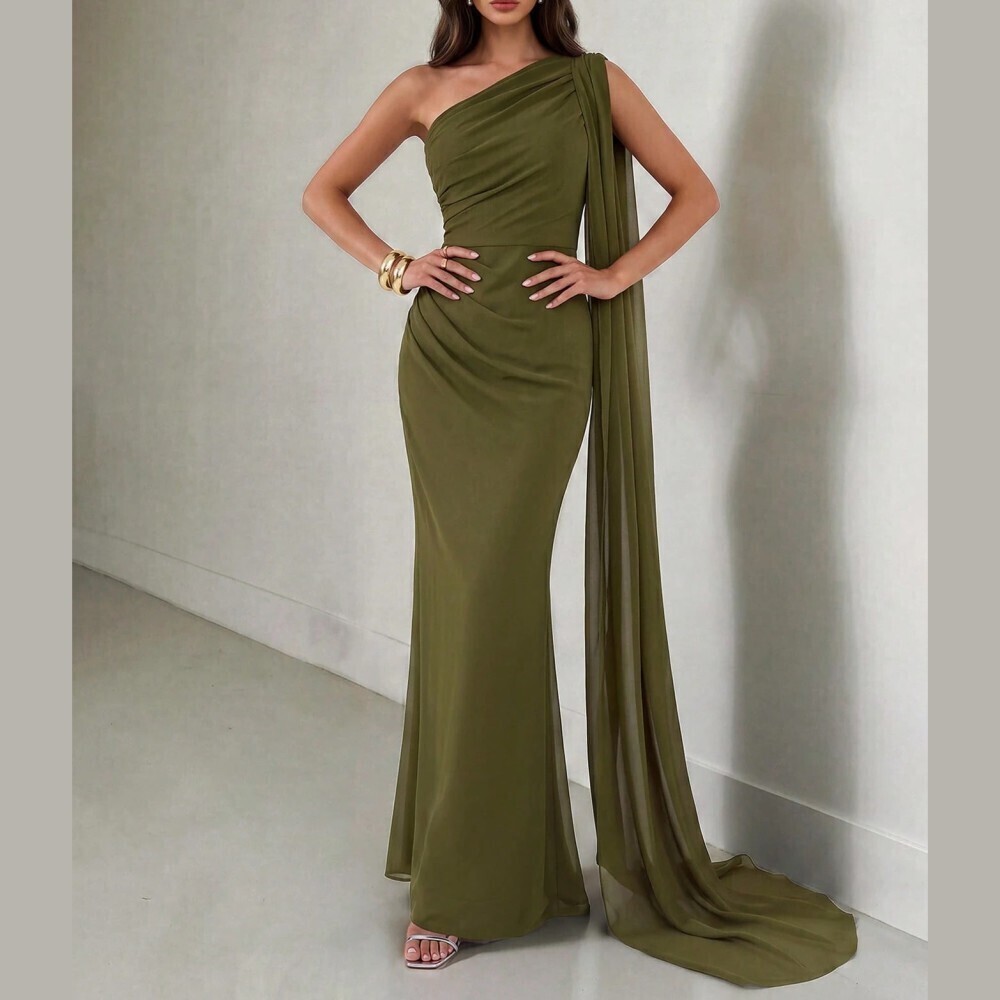 Olive Green One-Shoulder Draped Cape Maxi Gown - Picture 6 of 6